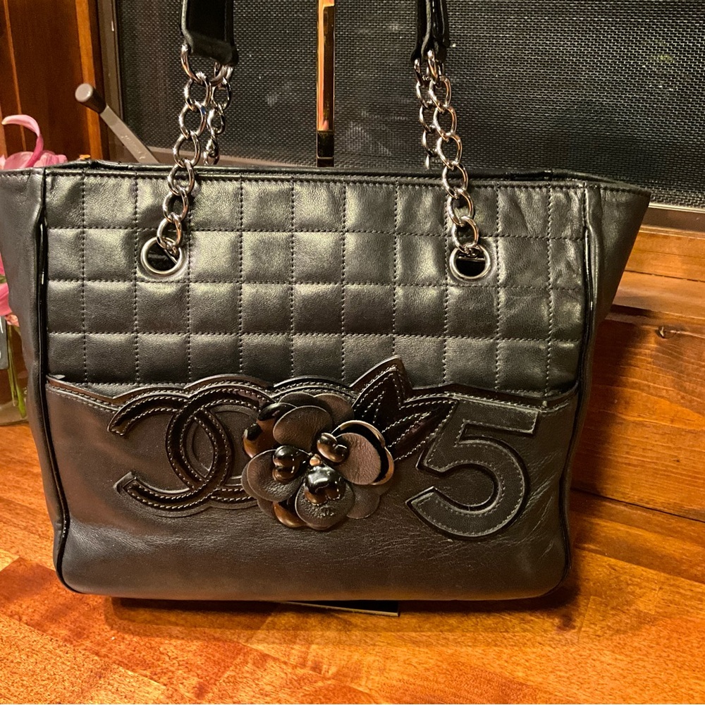CHANEL Black Chocolate Bar Shoulder Bag with CC’s, Camillia Flower, #5.